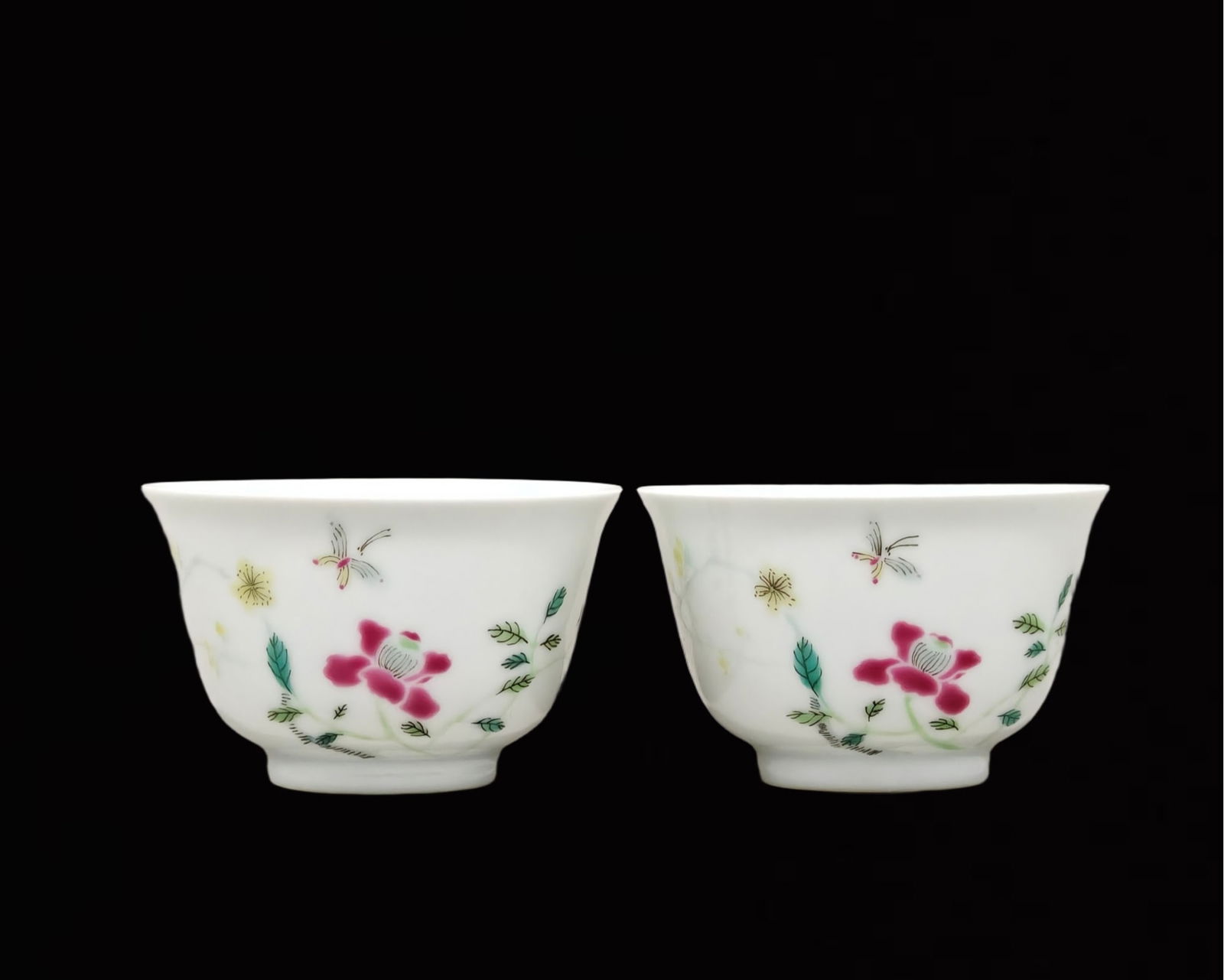 A Pair of Exquisite Famille-Rose Flower and Butterfly Pattern Cups: A Pair of Exquisite Famille-Rose Flower and Butterfly Pattern Cups,Qing Dynasty,China,Yongzheng Six-character Mark,Size:1.5inx2.4in 一对粉彩花卉蝴蝶 