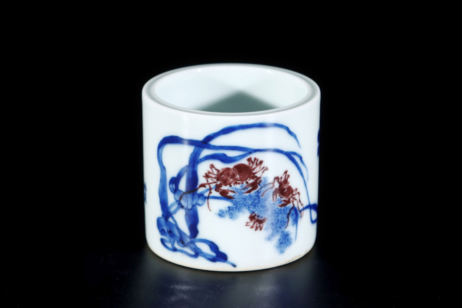An Exquisite Blue and White Underglaze-Red Crab Pattern Censer,with poem: An Exquisite Blue and White Underglaze-Red Crab Pattern Censer,with poem,the Republic of China,With Mark,Size:2.2inx2.3in 青花釉里红螃蟹纹香ୀ