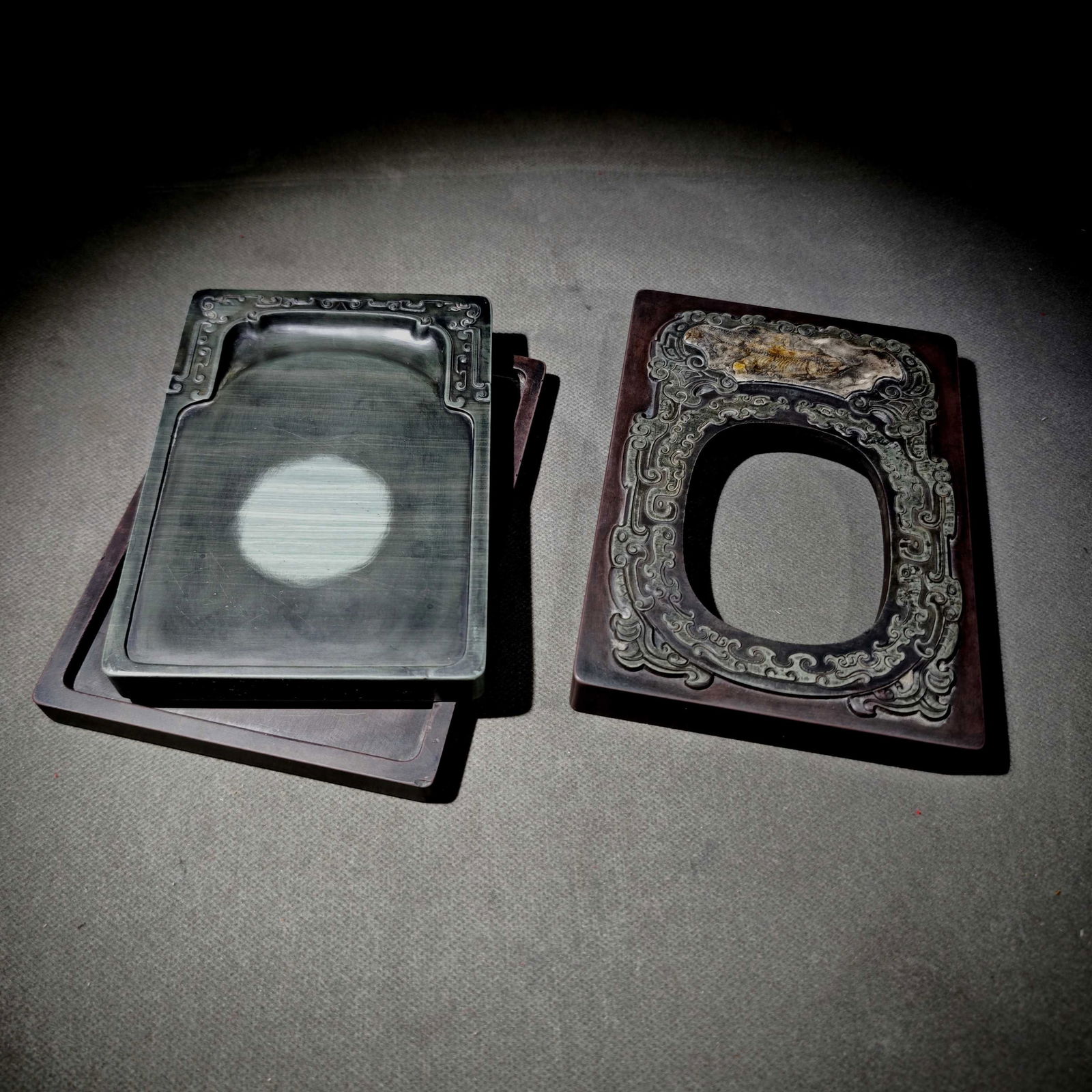 An Exquisite Chi-Dragon and Fish Pattern Inkstone,With Poem: An Exquisite Chi-Dragon and Fish Pattern Inkstone,With Poem,Qing Dynasty, China,With Mark,Size:(Inkstone)6.2inx4.4inx0.6in 