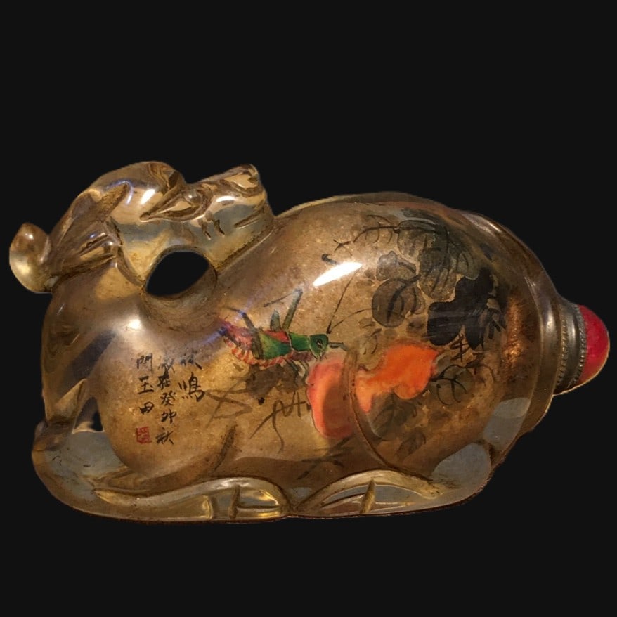 An Exquisite Glass Pumpkin and Insect Pattern Snuff Bottle,with Poem: An Exquisite Glass Pumpkin and Insect Pattern Snuff Bottle,with Poem,Qing Dynasty,China,Size:3.3inx1.2inx2.2in,Weight:120g 