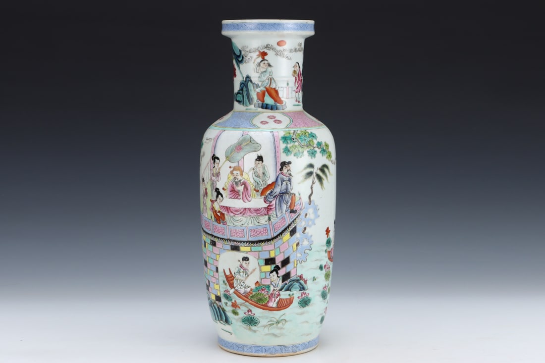 An Exquisite Famille-Rose Character and Story Pattern Vase: An Exquisite Famille-Rose Character and Story Pattern Vase,Qing Dynasty, China,Qianlong Six-character Mark,Size:17.8inx7.5in 