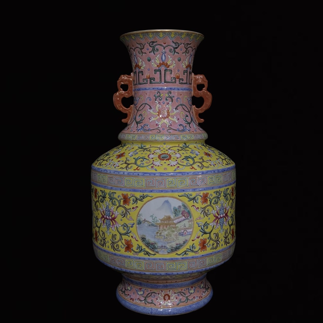An Exquisite Famille-Rose Landscape Pattern Double-Ears Vase: An Exquisite Famille-Rose Landscape Pattern Double-Ears Vase,Qing Dynasty,China,Qianlong Six-character Mark,Size:18.9inx10.6in 