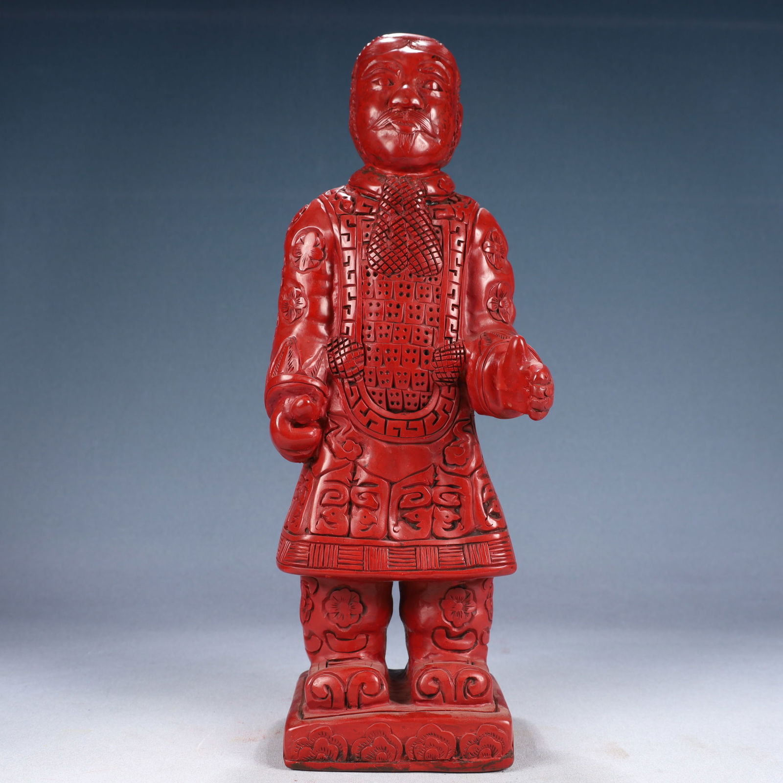 A Rare Carved Red Lacquer Flower Pattern Figure Ornament: A Rare Carved Red Lacquer Flower Pattern Figure Ornament,Qing Dynasty, China,Size:5.5inx3.9inx15in,Weight:2350g 剔红漆花卉纹人物摆件,中