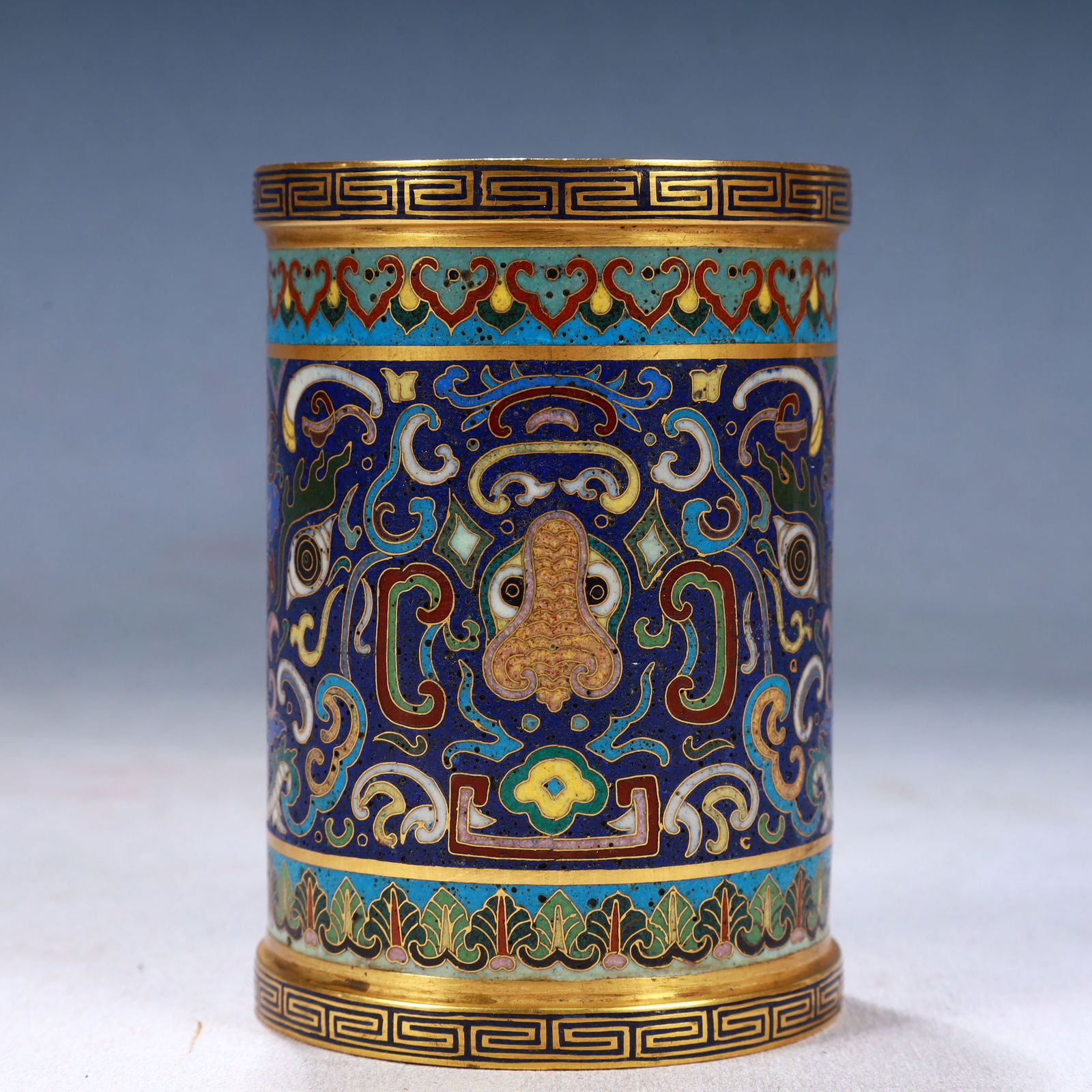 An Exquisite Cloisonne Beast-Face Pattern Brush Pot (1 of 6)