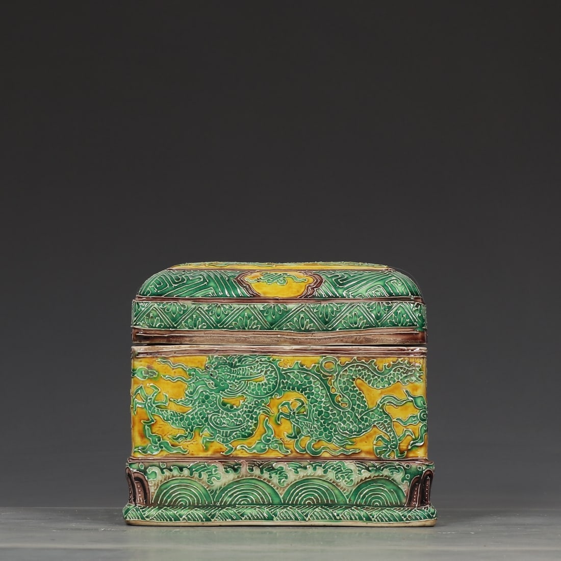 An Exquisite Fahua Glazed Auspicious Cloud and Dragon Pattern Box with Cover: An Exquisite Fahua Glazed Auspicious Cloud and Dragon Pattern Box with Cover,Ming Dynasty,China ,Jiajing Six-character Mark,Size:5.5inx6in 