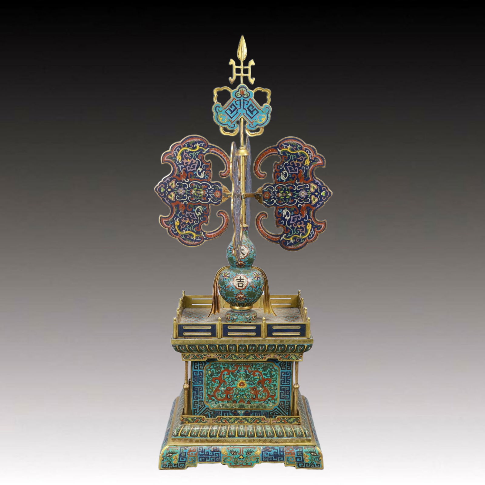 A Huge Cloisonne Bats and Gourd Pattern Ornament: A Huge Cloisonne Bats and Gourd Pattern Ornament,Qing Dynasty, China,Size:12.6inx18.5in,Weight:10250g 景泰蓝福禄纹法器摆件,中国&