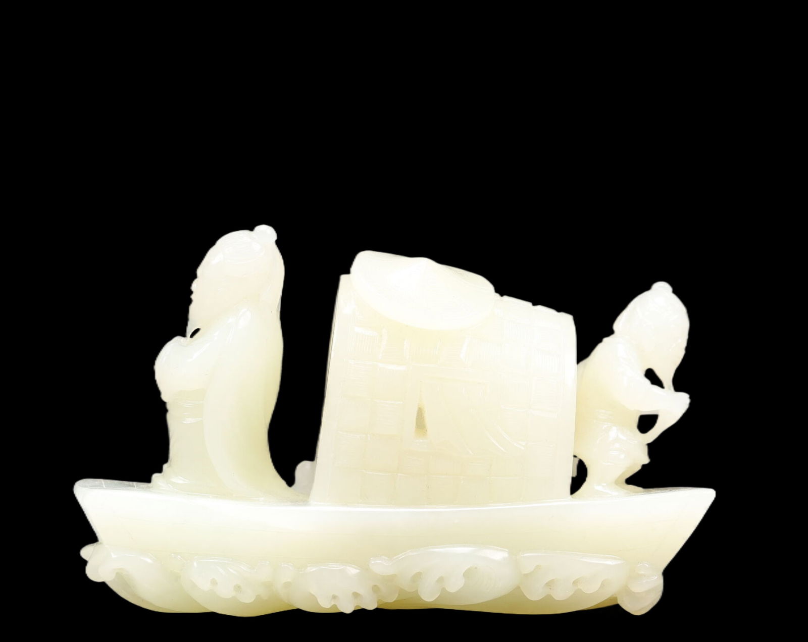 An Exquisite White Jade Figure Pattern Boat-Shaped Ornament: An Exquisite White Jade Figure Pattern Boat-Shaped Ornament, Qing Dynasty, China, Size:3.9inx1.6inx2.4in, Weight:257g 