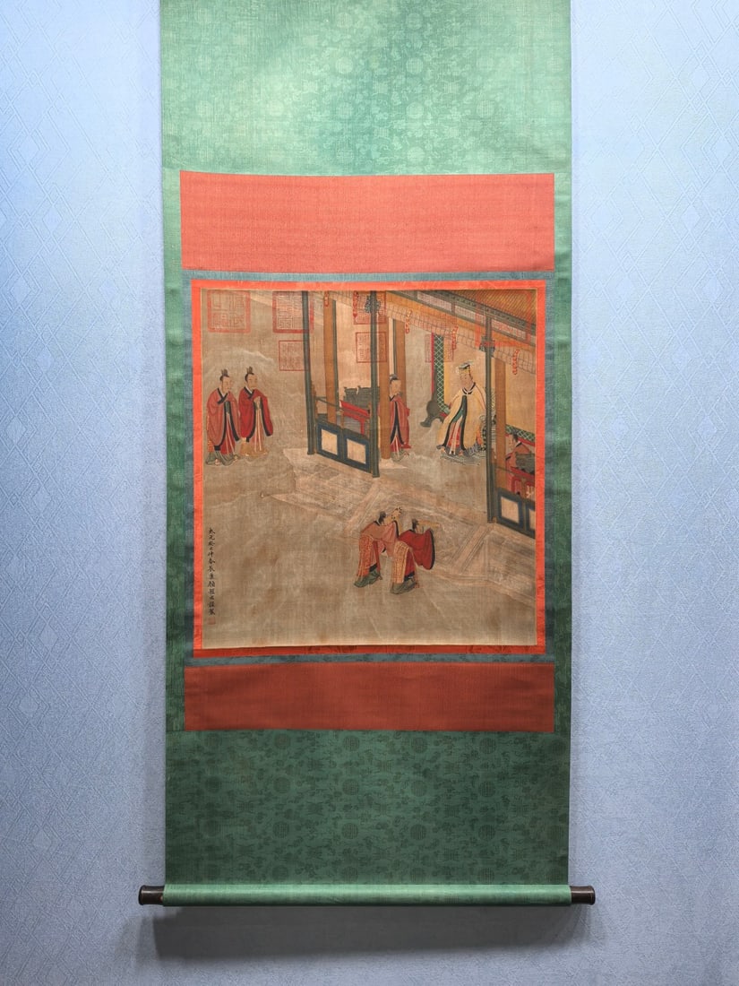 A Chinese Vertical Scroll Ink Painting of Character and Story on Silk: A Chinese Vertical Scroll Ink Painting of Character and Story on Silk,Gu Kaizhi,Size:25.6inx27.6in 一幅中国水墨绢本人物故事Ĭ