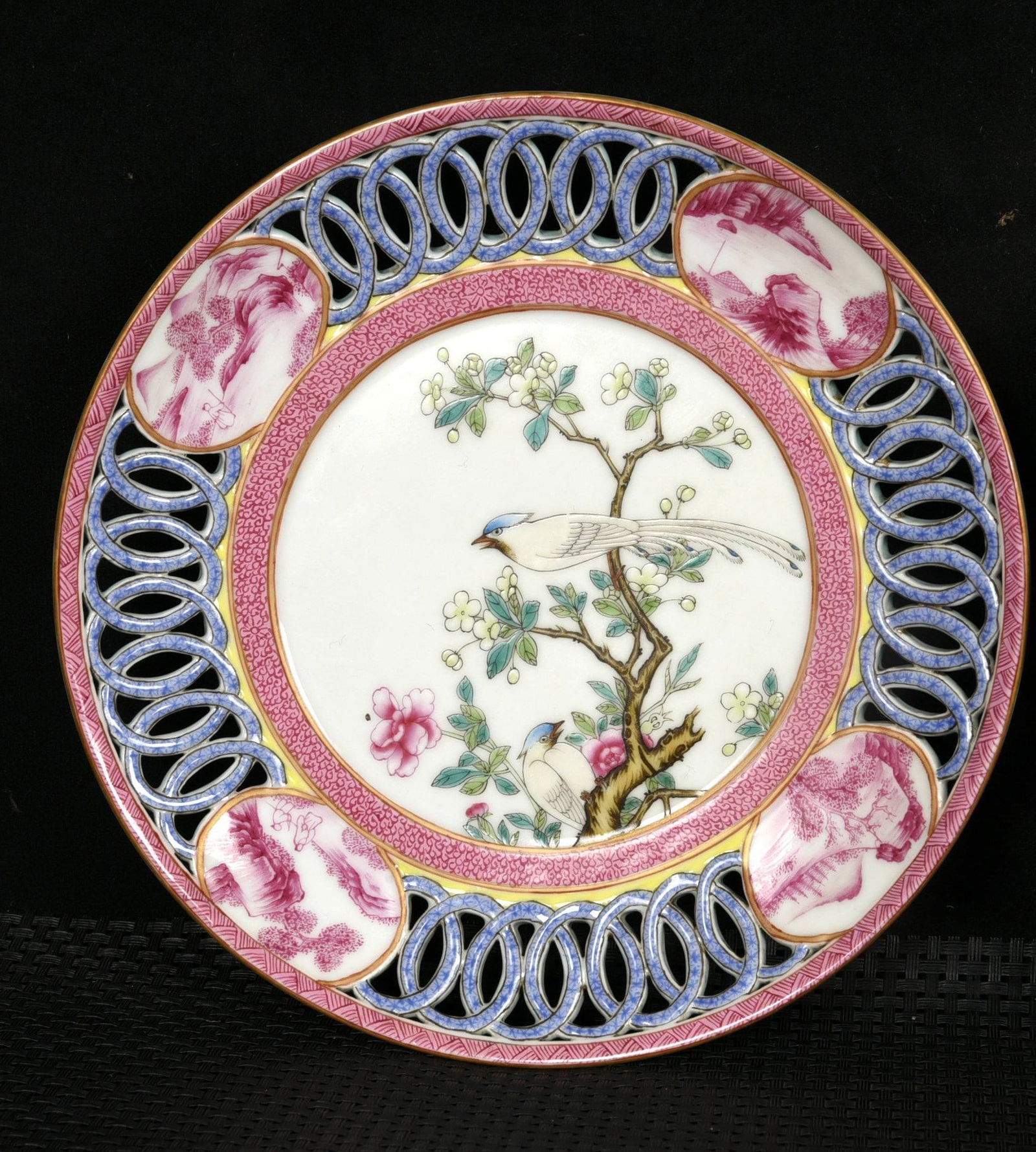 An Exquisite Robin's-Egg-Glazed Enamel Painted Gold Flower and Bird Pattern Plate (1 of 8)