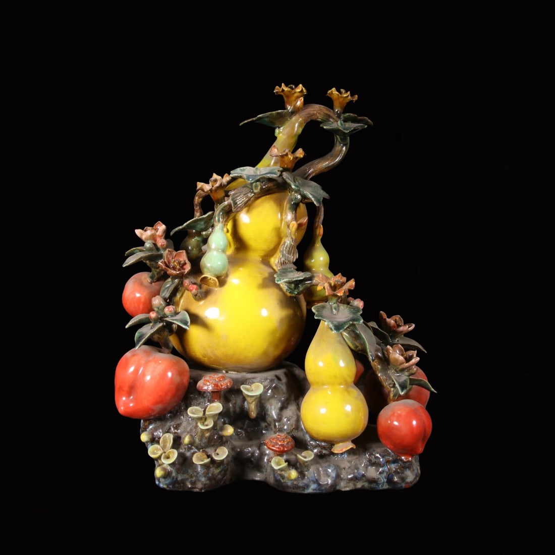 An Exquisite Shiwan yao Gourd Ornament: An Exquisite Shiwan yao Gourd Ornament,Qing Dynasty, China,Size:15inx8.7inx17.3in 石湾窑葫芦桃子摆件,中国清代
