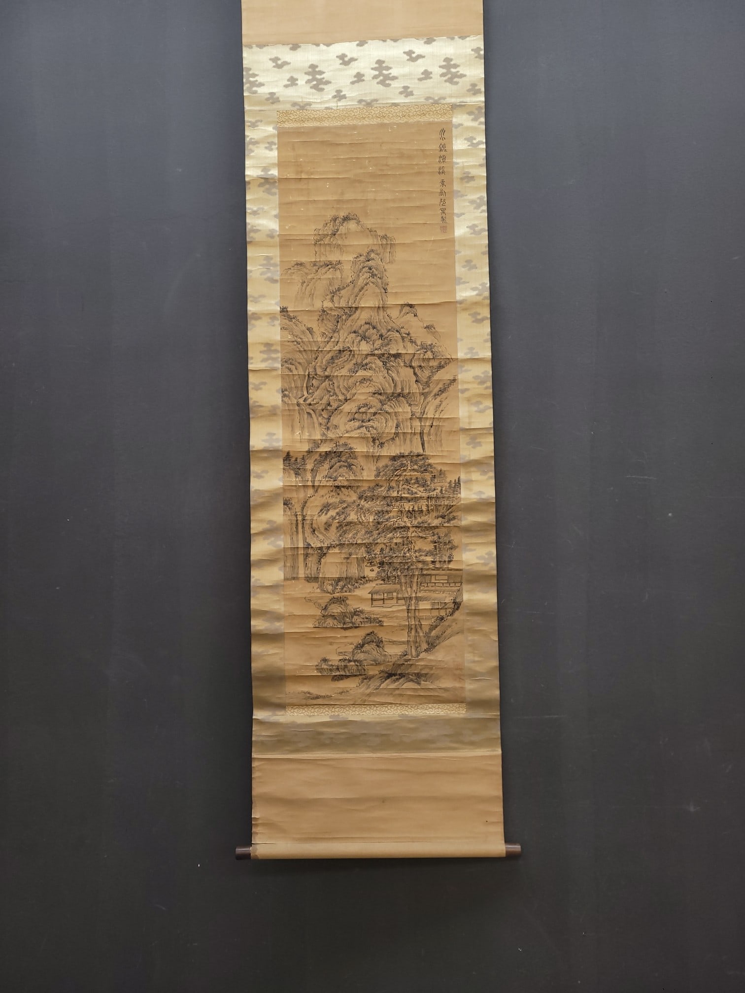 A Chinese Vertical Scroll Ink Painting of Landscape on Silk: A Chinese Vertical Scroll Ink Painting of Landscape on Silk,Liu Bang,Size:14.2inx46.5in 