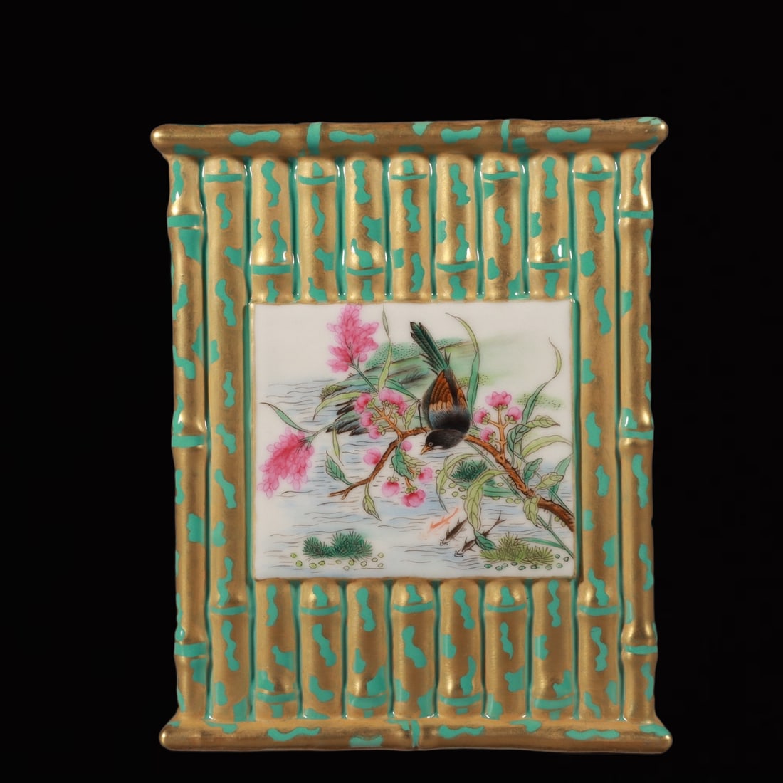 An Exquisite Enamel Painted Gold Flower and Bird Pattern Brush Pot,with Poem: An Exquisite Enamel Painted Gold Flower and Bird Pattern Brush Pot,with Poem,Qing Dynasty, China,Qianlong Four-character Mark,Size:5.6inx4.6in 