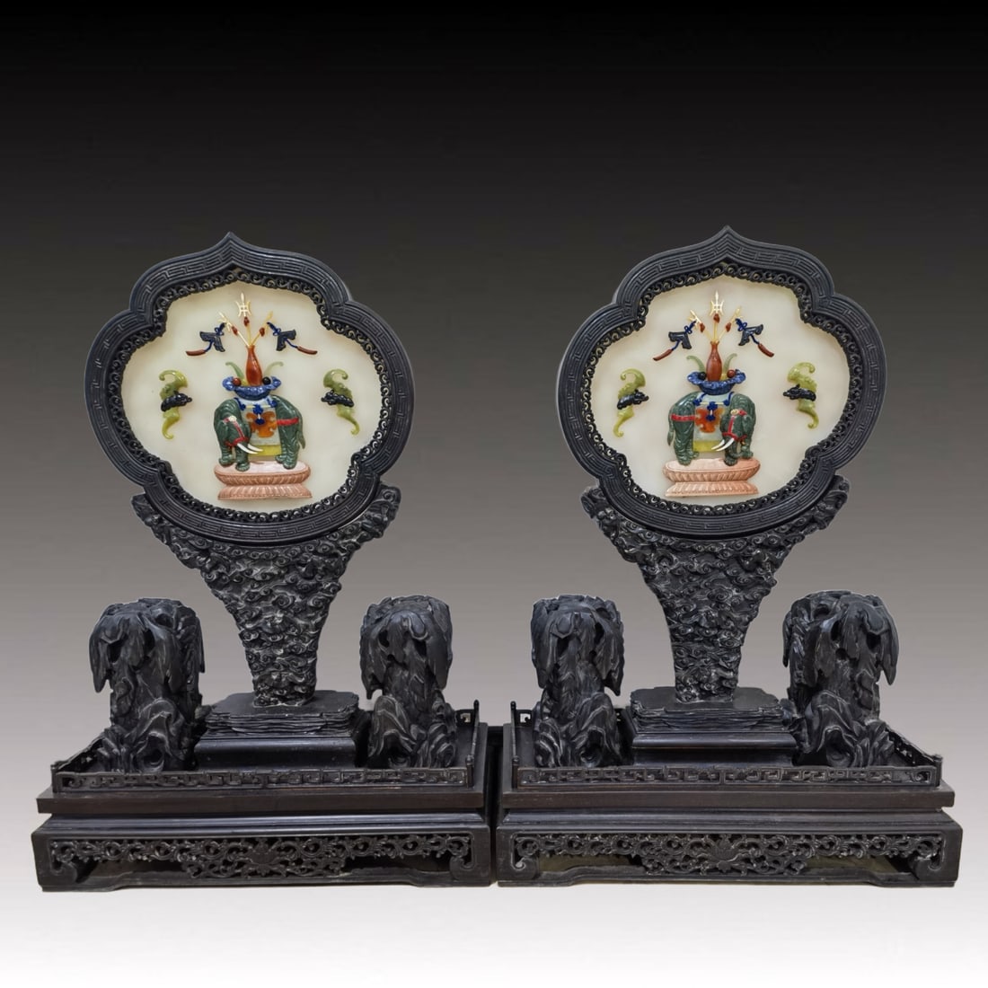 A Pair of Huge Zitanwood Inlaid White Jade Elephant,Bats and Peach Pattern Table Screens, Inlaid: A Pair of Huge Zitanwood Inlaid White Jade Elephant,Bats and Peach Pattern Table Screens, Inlaid Gems,Qing Dynasty, China,Size:19.7inx27.6inx8.7in 一对紫檀木镶į