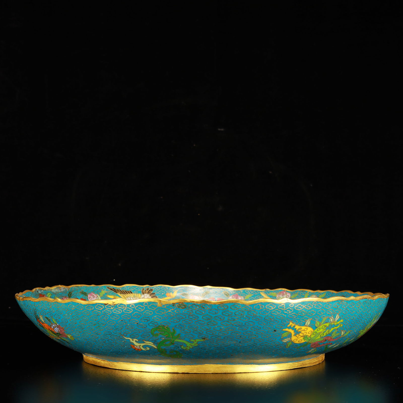 A Rare Cloisonne Flower and Bird Pattern Plate: A Rare Cloisonne Flower and Bird Pattern Plate,(A type of enamelware with metal wires separating colored glaze, originating in China),Qing Dynasty,China,Qianlong Four-character Mark,Size:15.4inx15.4in