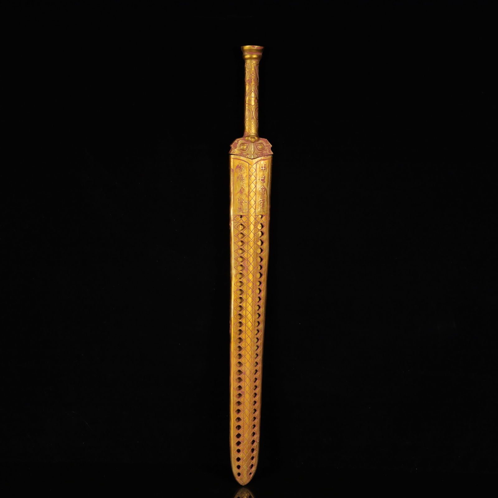 A Rare Gilt Bronze Beast-Face Pattern Sword,with Inscription: A Rare Gilt Bronze Beast-Face Pattern Sword,with Inscription,Han Dynasty,China,Size:2.2inx24.8in,Weight:1050g 铜鎏金兽面纹剑,带铭文,中