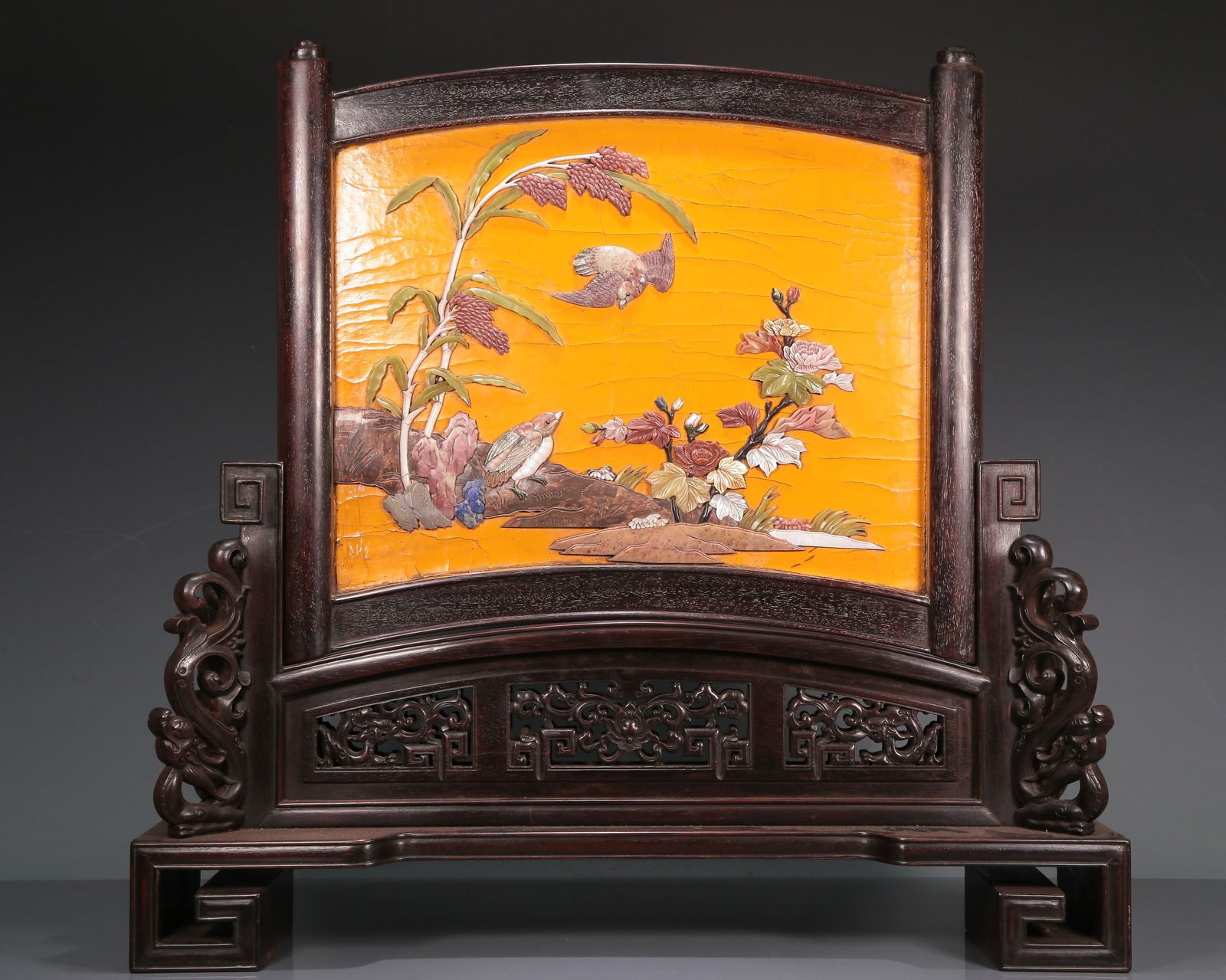 A Wonderful Zitanwood Gem-Inlaid Gilt-Lacquered 'Bird& Flower' Table Screen (1 of 9)