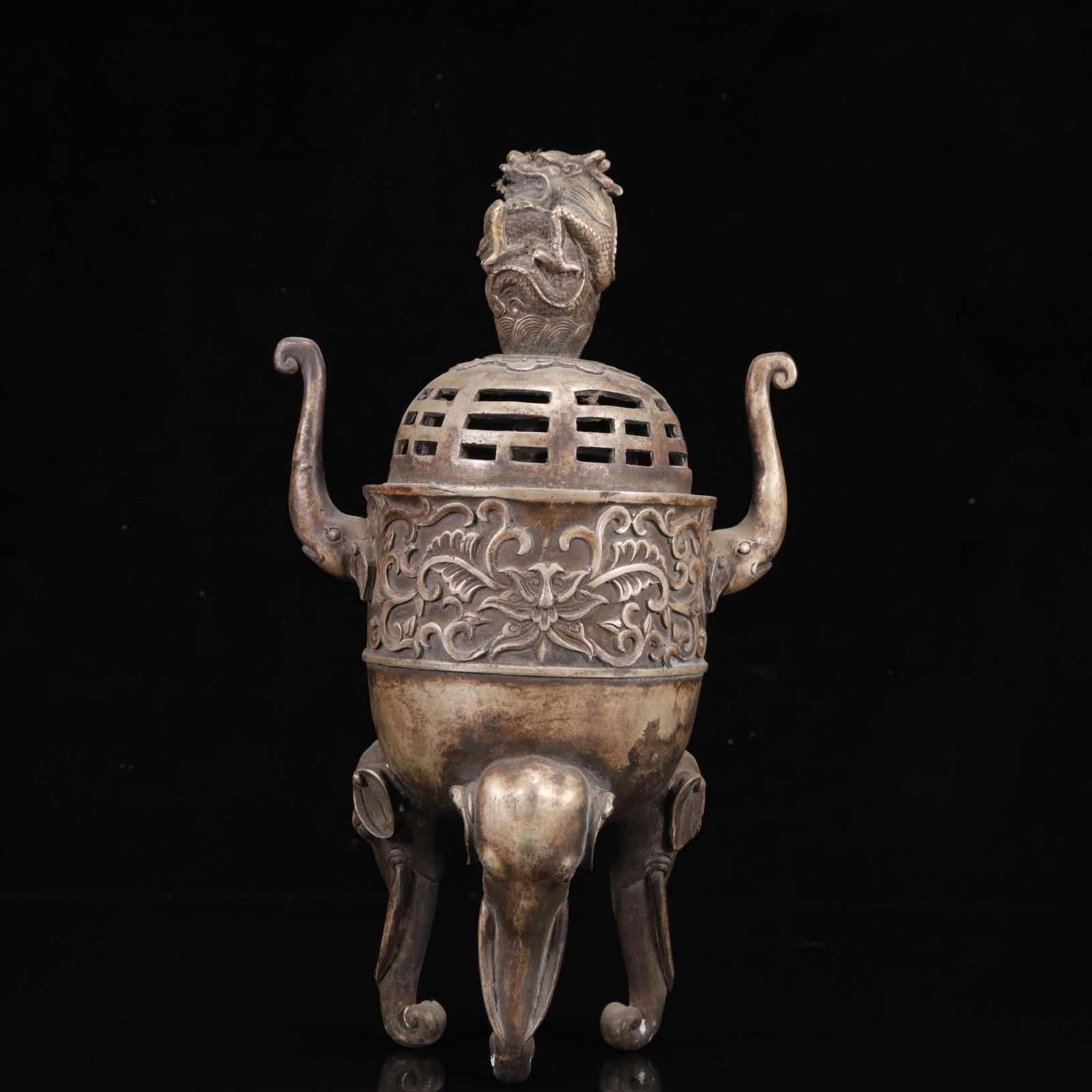 An Exquisite Silver Flower and Dragon Pattern Double-Ears and Tripod Censer (1 of 12)