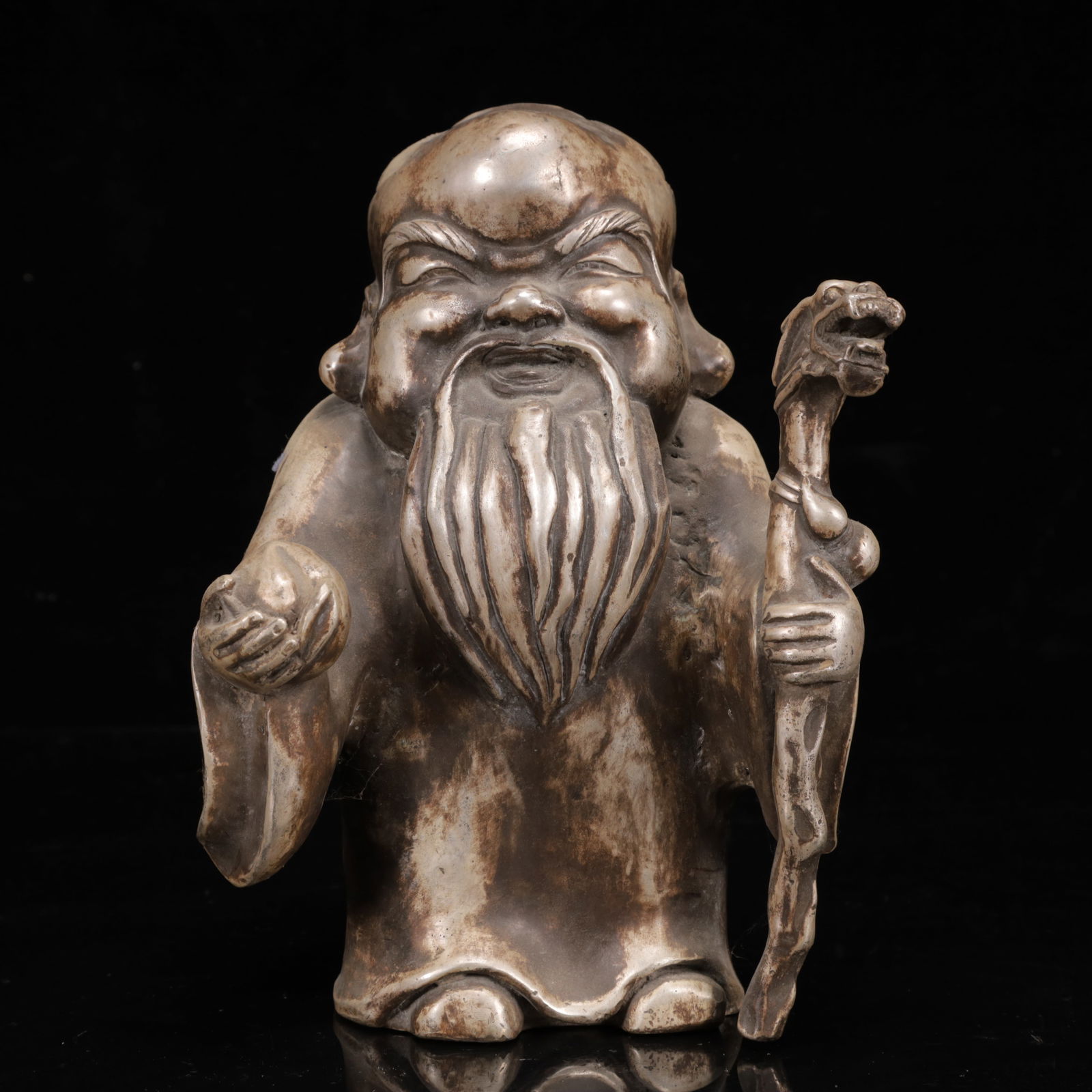 An Exquisite Silver Statue of Longevity: An Exquisite Silver Statue of Longevity ,Qing Dynasty,China,Size:5.5inx3.9inx8.7in,Weight:1850g 银寿星像,中国清代