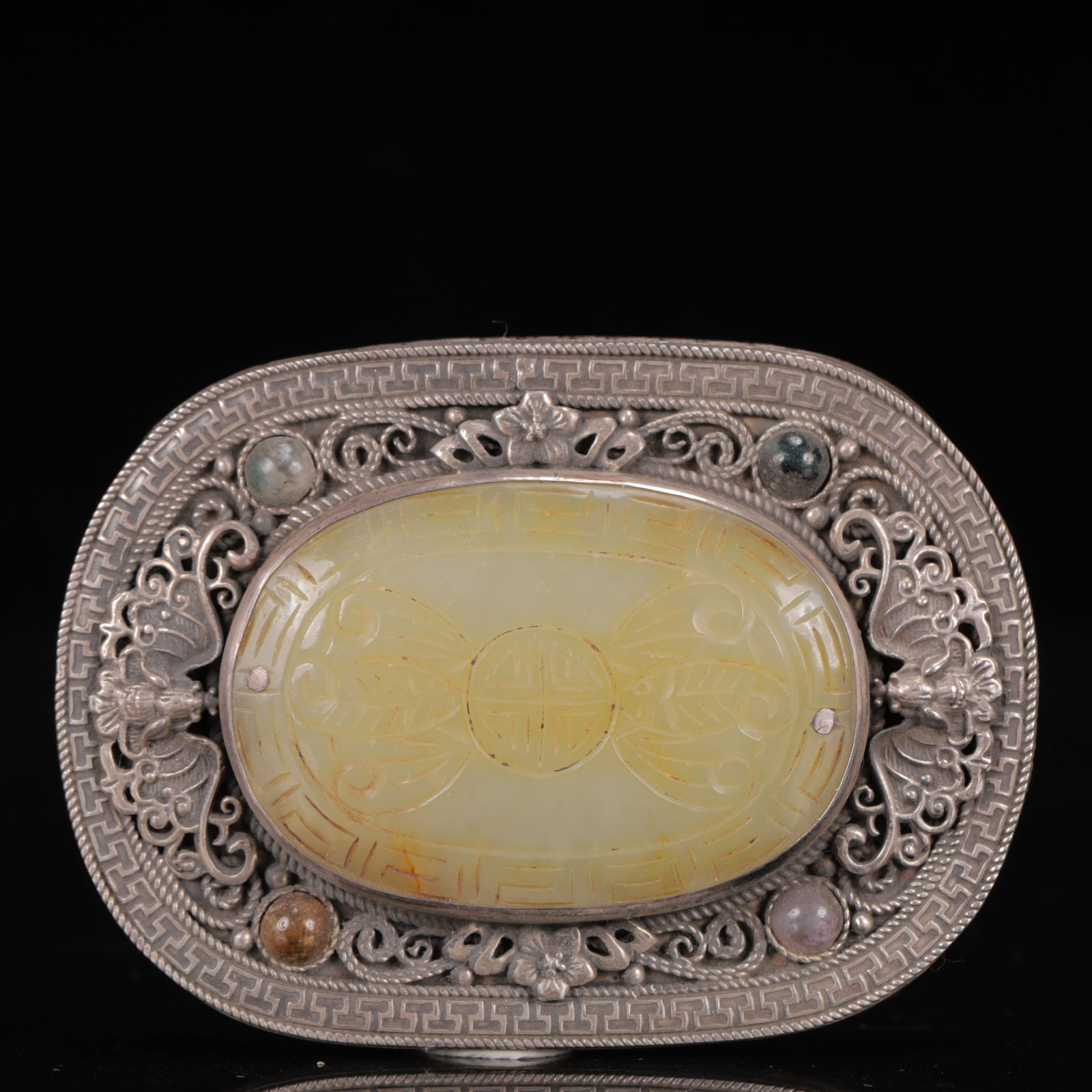 An Exquisite Silver Inlaid White Jade Bats and Peach Pattern Pendant,Inlaid Gems (1 of 4)