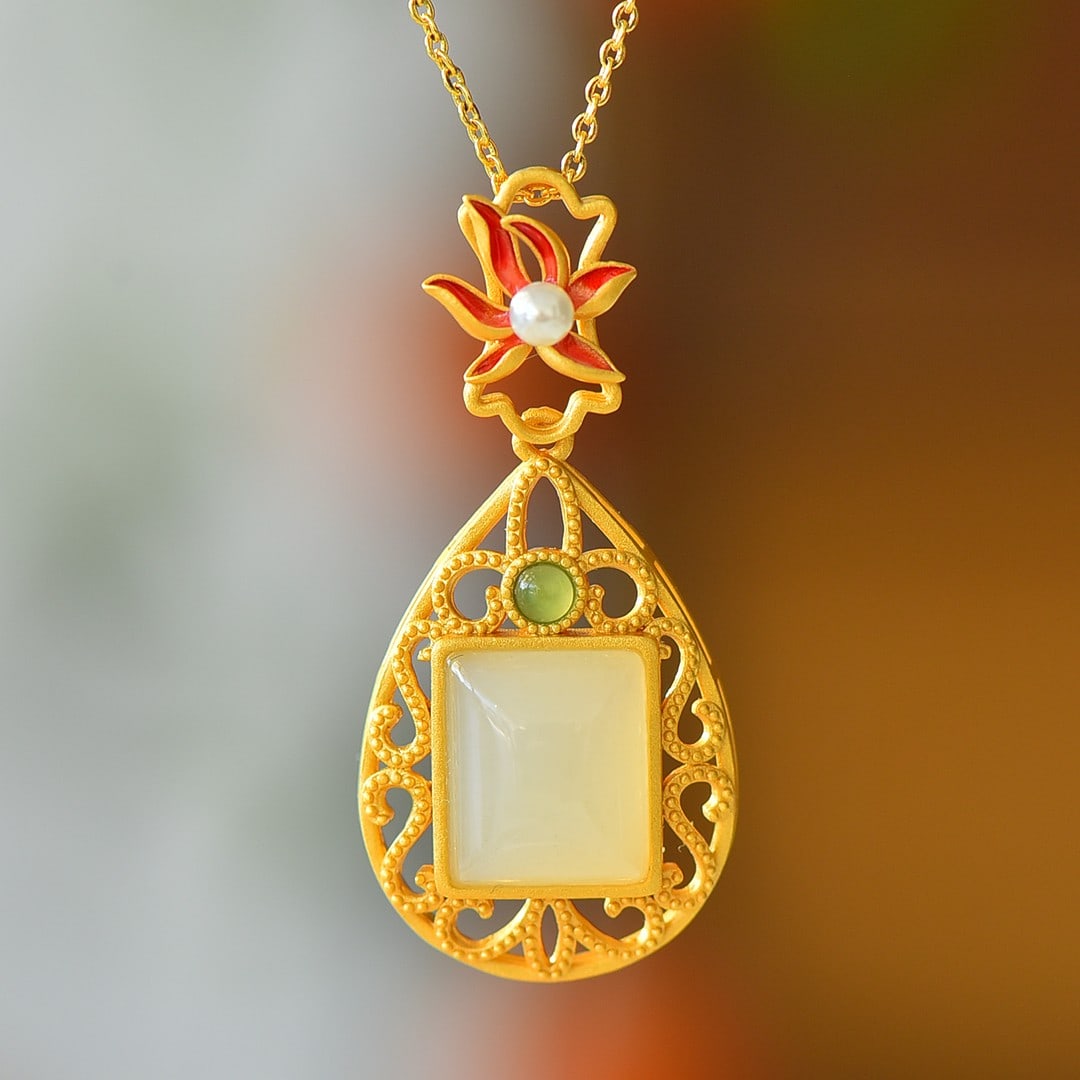 An Exquisite Sterling Silver-Gold Plated Inlaid White Jade Pendant (1 of 5)