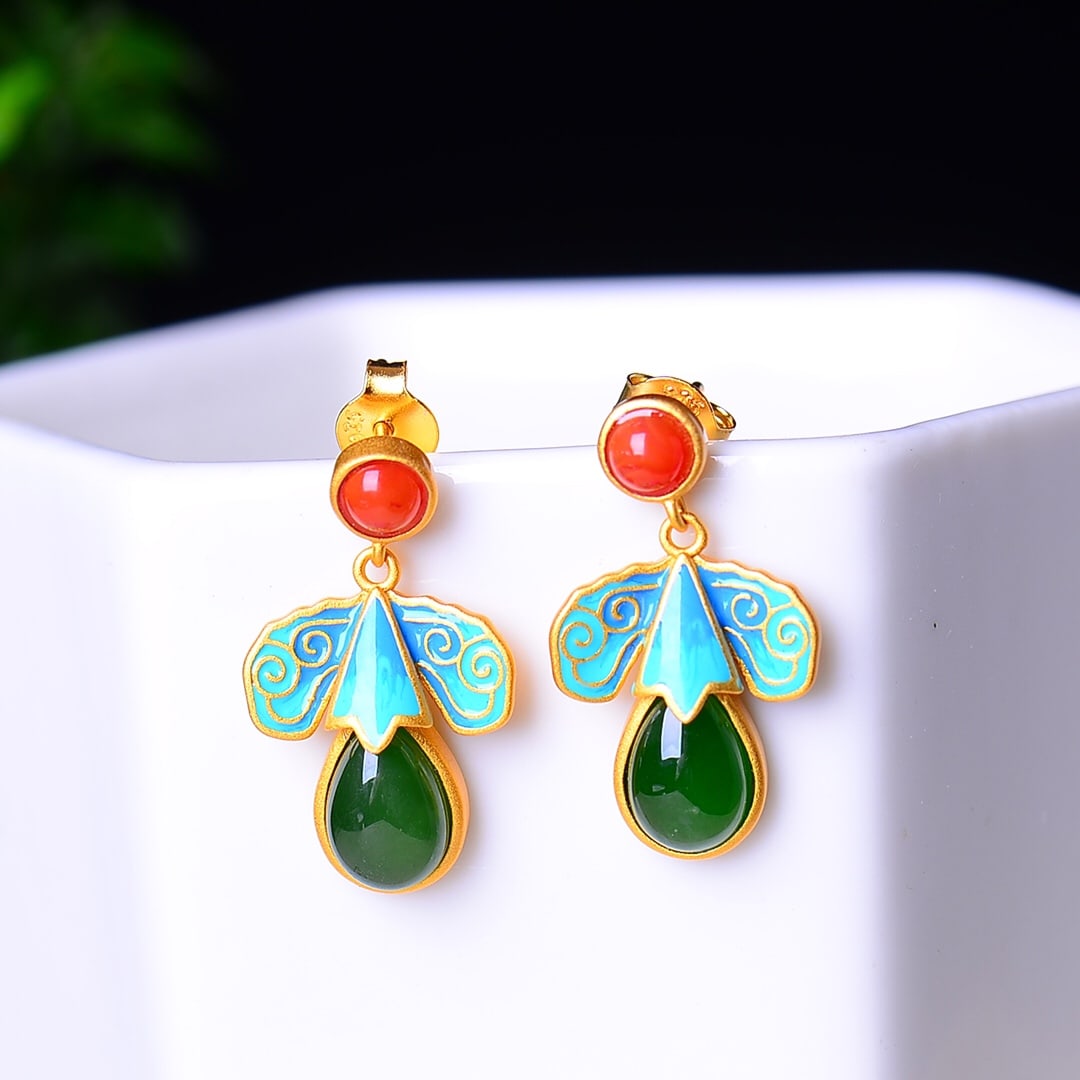 A Pair of Exquisite Sterling Silver-Gold Plated Inlaid Jasper Enamel Earrings: A Pair of Exquisite Sterling Silver-Gold Plated Inlaid Jasper Enamel Earrings,Size:0.2inx0.4in 一对纯银镀金镶碧玉珐琅耳环