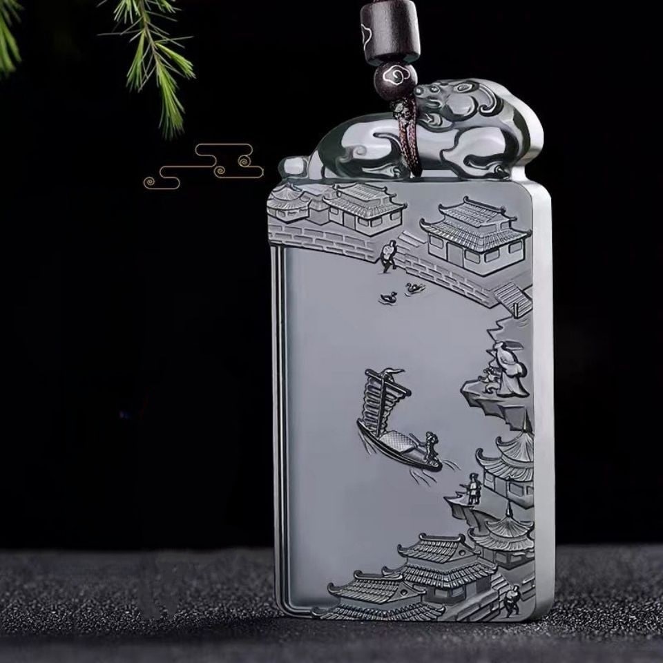 An Exquisite Cyan jade Landscape and Figure Pattern Pendant: An Exquisite Cyan jade Landscape and Figure Pattern Pendant 青玉山水人物纹挂件