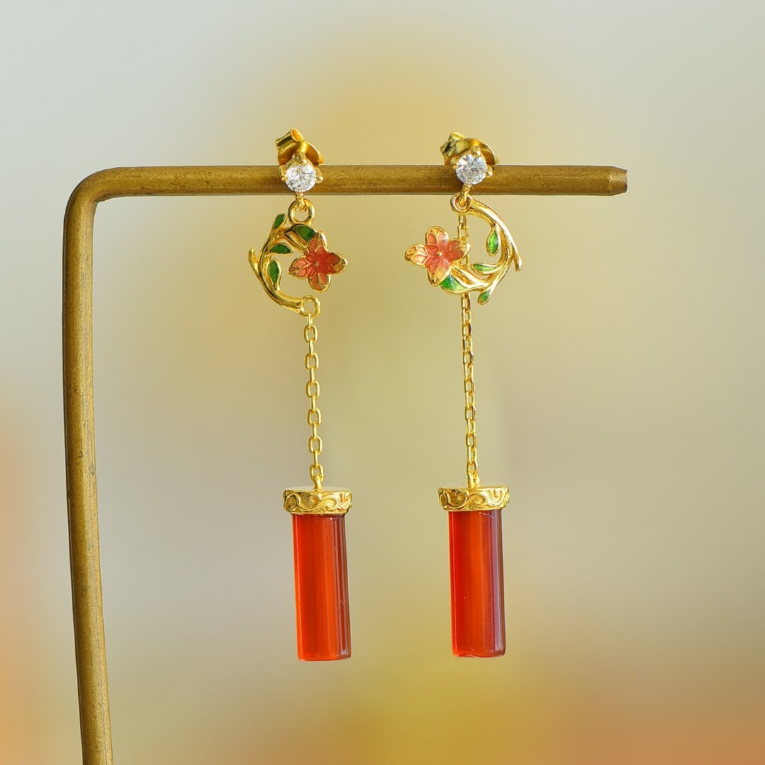 A Pair of Exquisite Sterling Silver-Gold Plated Inlaid Agate Earrings,Inlaid Diamond: A Pair of Exquisite Sterling Silver-Gold Plated Inlaid Agate Earrings,Inlaid Diamond,Size:0.2inx0.8in 一对纯银镀金镶玛瑙耳环,嵌&
