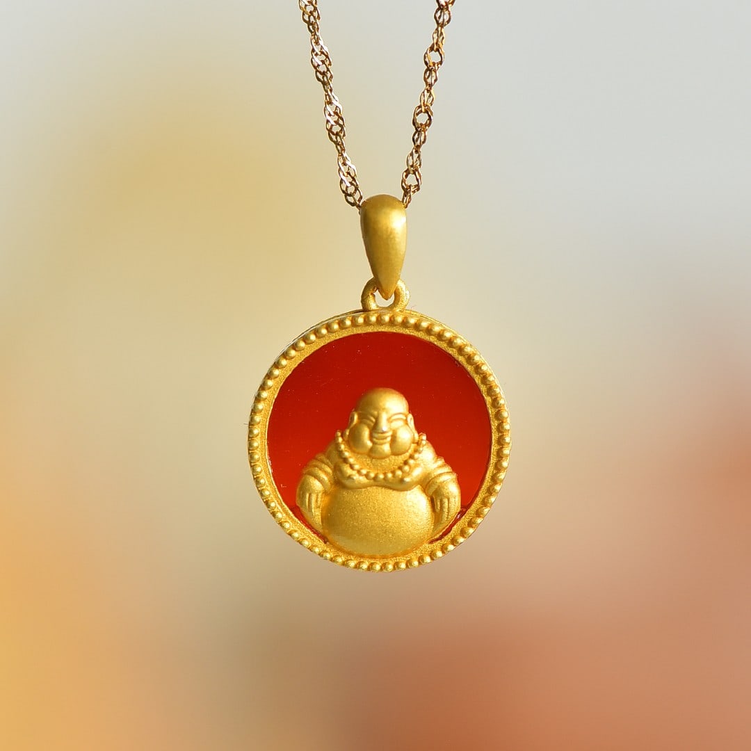 An Exquisite Sterling Silver-Gold Plated Inlaid Agate Pendant: An Exquisite Sterling Silver-Gold Plated Inlaid Agate Pendant,Size:0.6inx0.6in 寓意:笑口常开,庇佑平安,好运年年 