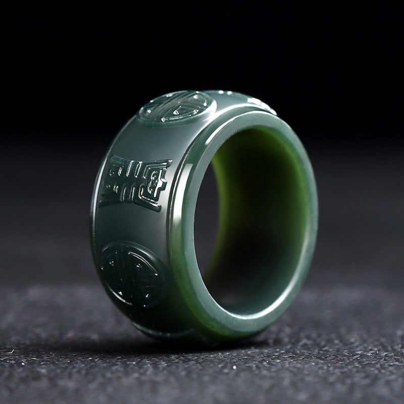 An Exquisite Cyan jade Bats and Peach Pattern Ring: An Exquisite Cyan jade Bats and Peach Pattern Ring 青玉福寿纹戒指