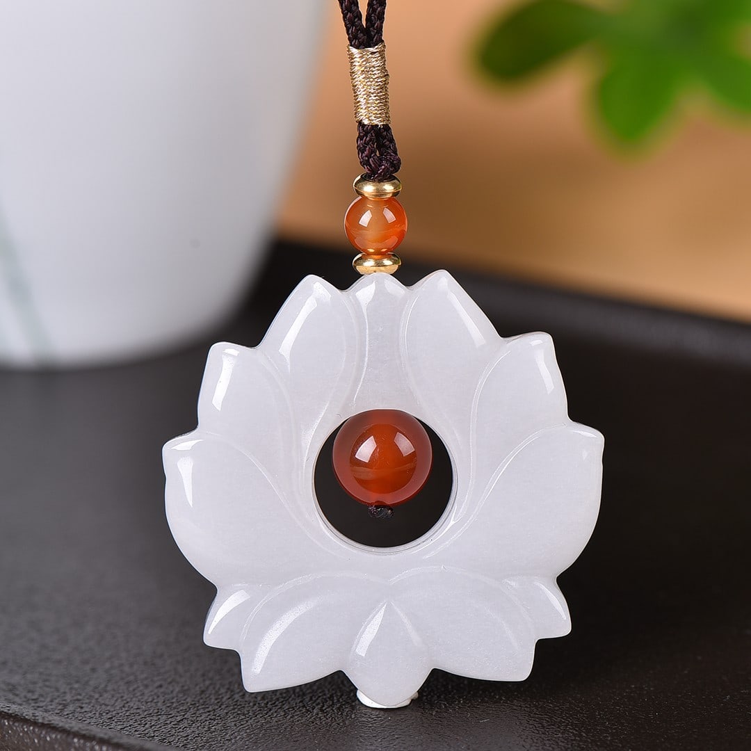An Exquisite White Jade Lotus Pattern Pendant: An Exquisite White Jade Lotus Pattern Pendant,Size:1.7inx1.7in 白玉莲花纹挂件