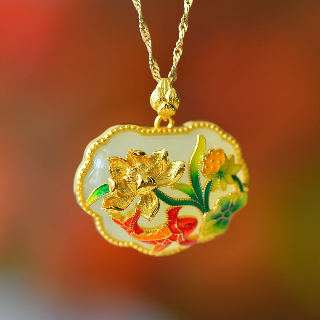 An Exquisite Sterling Silver-Gold Plated Inlaid White Jade Pendant (1 of 5)