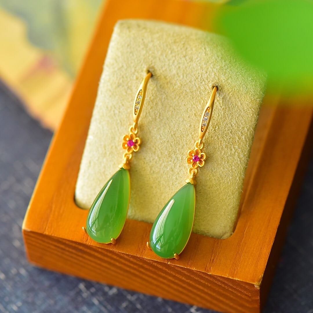 A Pair of Exquisite Sterling Silver-Gold Plated Inlaid Jasper Earrings,Inlaid Diamond: A Pair of Exquisite Sterling Silver-Gold Plated Inlaid Jasper Earrings,Inlaid Diamond,Size:0.3inx1.5in 