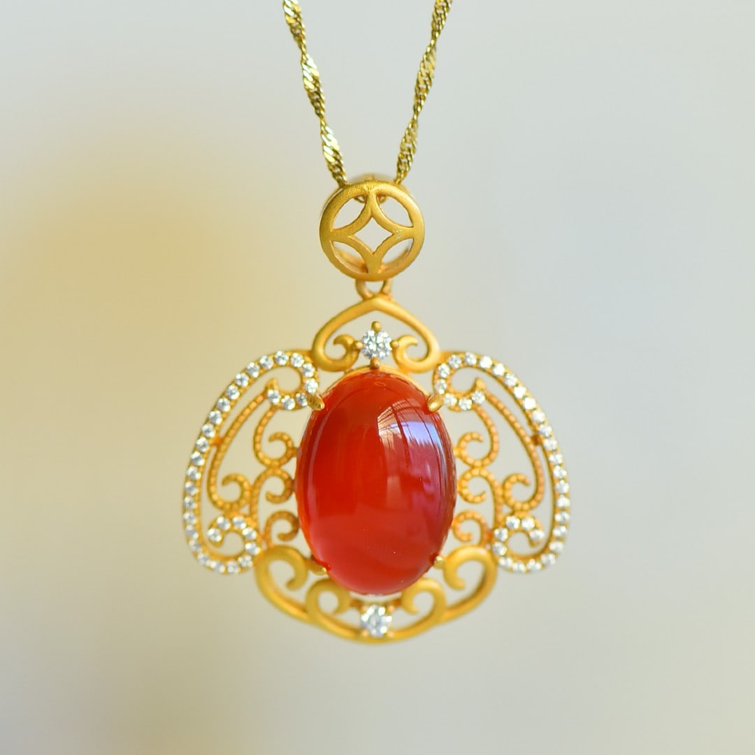 An Exquisite Sterling Silver-Gold Plated Inlaid Agate Pendant,Inlaid Diamond (1 of 5)