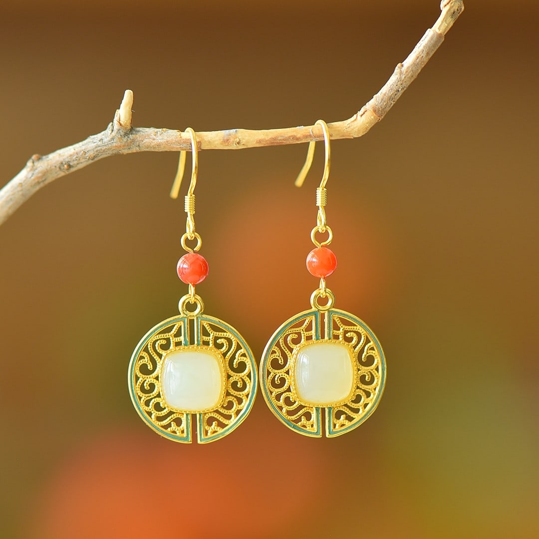 A Pair of Exquisite Sterling Silver-Gold Plated Inlaid White Jade Earrings: A Pair of Exquisite Sterling Silver-Gold Plated Inlaid White Jade Earrings 一对纯银镀金镶白玉耳环