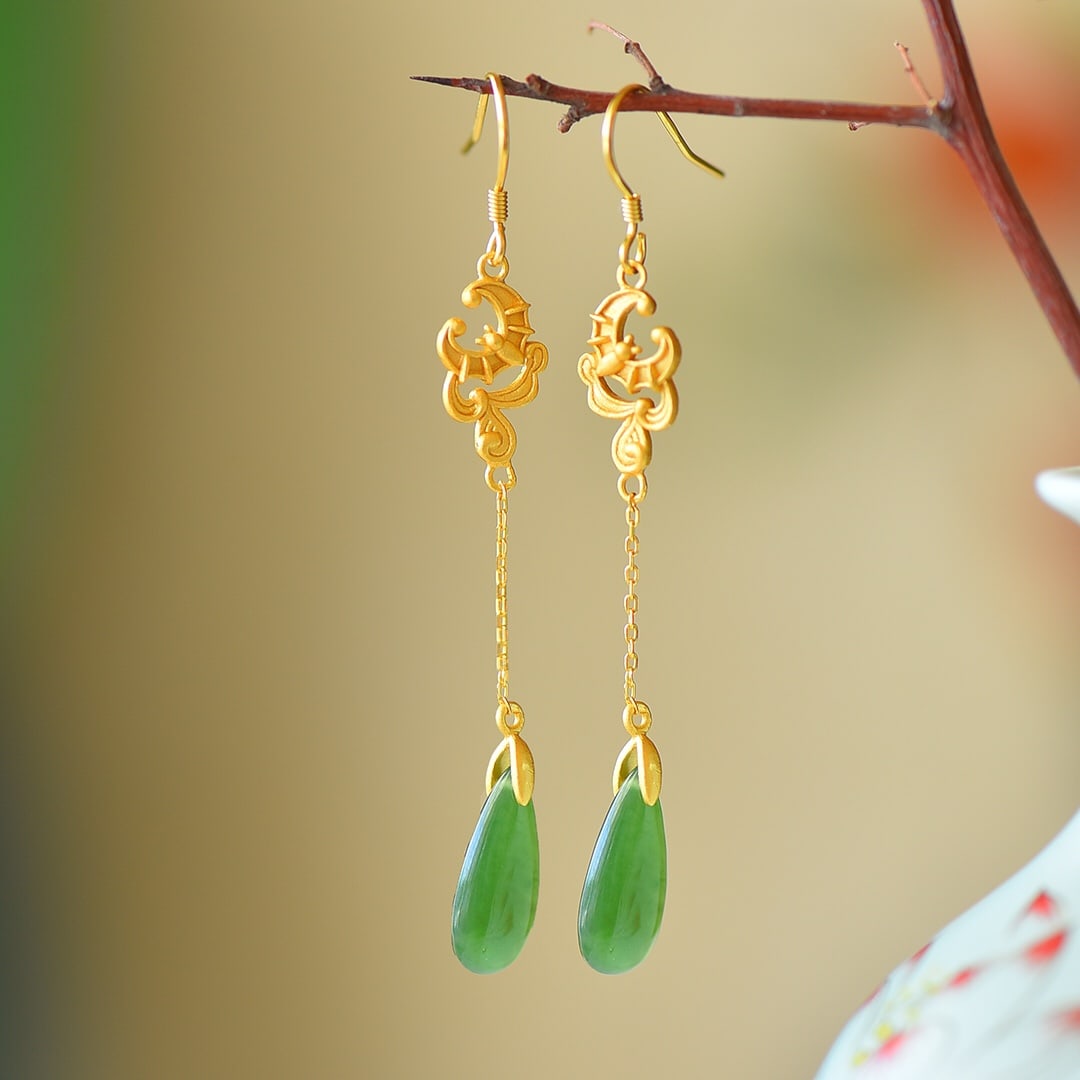 A Pair of Exquisite Sterling Silver-Gold Plated Inlaid Jasper Earrings,Inlaid Pearl: A Pair of Exquisite Sterling Silver-Gold Plated Inlaid Jasper Earrings,Inlaid Pearl,Size:0.3inx0.7in 