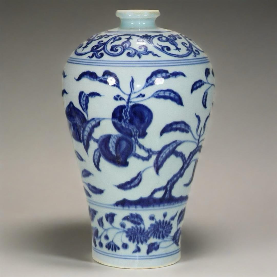 An Exquisite Blue and White Melon and Fruit Pattern Lotus Pattern Vase (1 of 8)