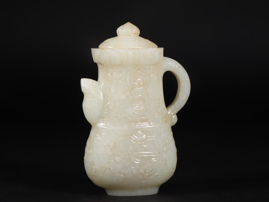 An Exquisite White Jade Buddha Statue Pattern Ewer - 3