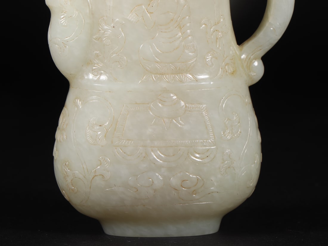 An Exquisite White Jade Buddha Statue Pattern Ewer - 6