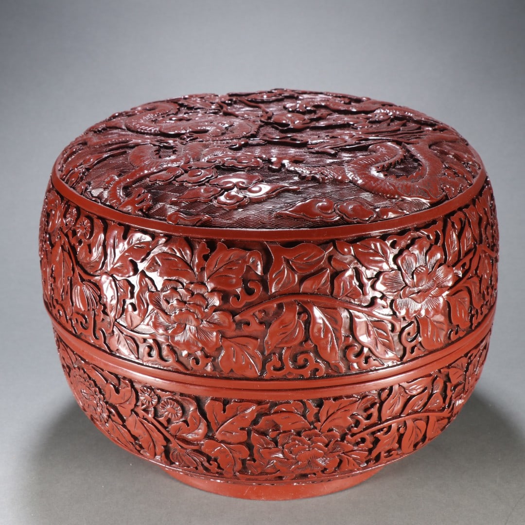 An Exquisite Carved Red Lacquer Dragon Pattern Lotus Pattern Box - 4