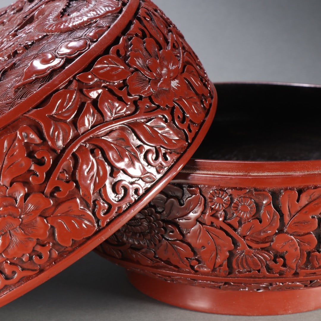 An Exquisite Carved Red Lacquer Dragon Pattern Lotus Pattern Box - 7