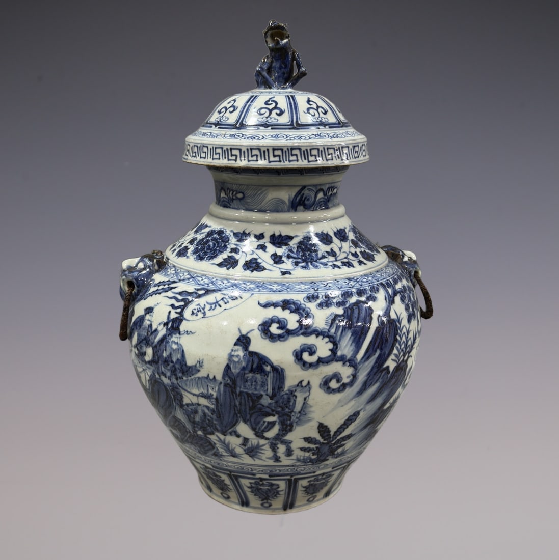 An Exquisite Blue and White Lotus Pattern Character and Story Pattern Double-Ears Jar: An Exquisite Blue and White Lotus Pattern Character and Story Pattern Double-Ears Jar Yuan Dynasty, China Size:19.3in青花缠枝莲人物罐