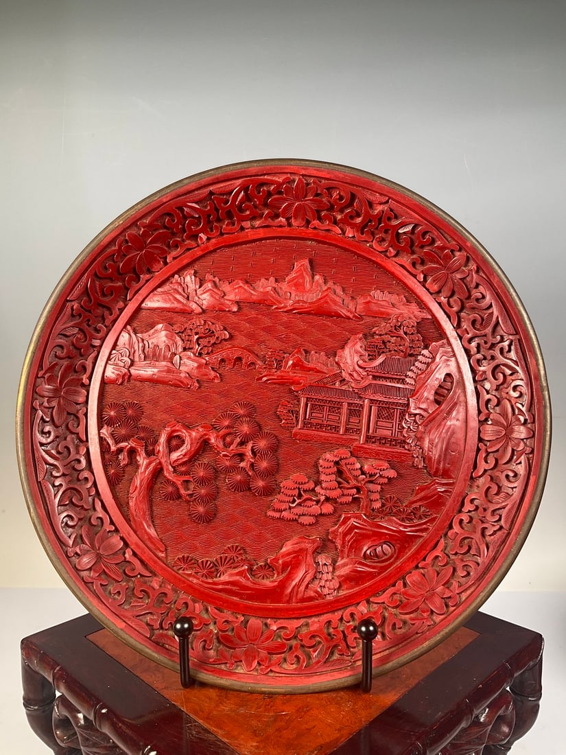 An Exquisite Iron Carved Red Lacquer Landscape Pattern Plate (1 of 5)