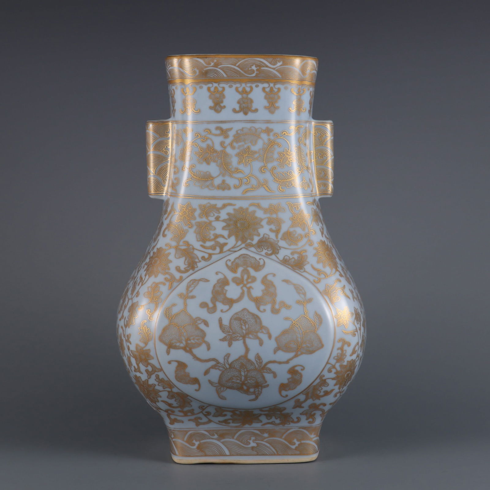 An Exquisite Blue Glazed Painted Gold Bats and Peach Pattern Seawater Pattern Lotus Pattern: An Exquisite Blue Glazed Painted Gold Bats and Peach Pattern Seawater Pattern Lotus Pattern Double-Ears Vase Qing Dynasty, China Qianlong Six-character Mark