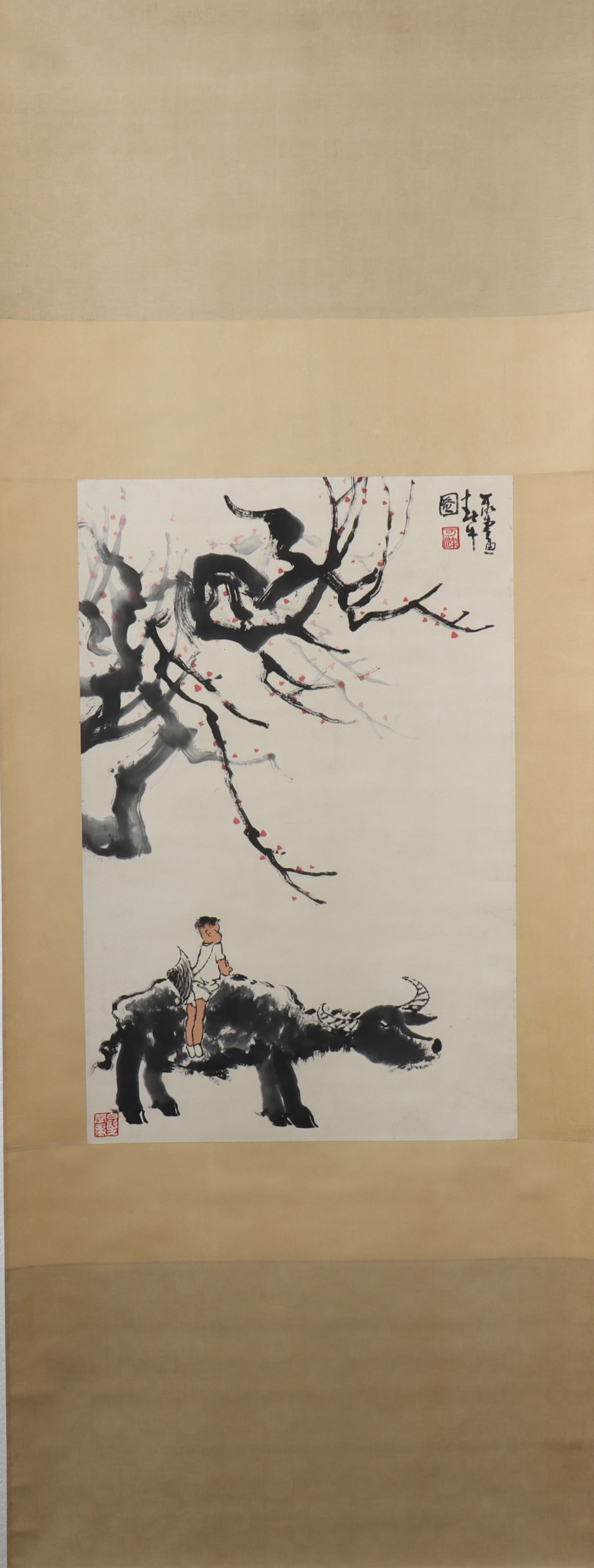 A Chinese Vertical Scroll Ink Painting of Character and Story on Paper: A Chinese Vertical Scroll Ink Painting of Character and Story on Paper Li keran Size:27.2inx17.7in李可染牧牛图 纸本立轴Size:69cmx45cm