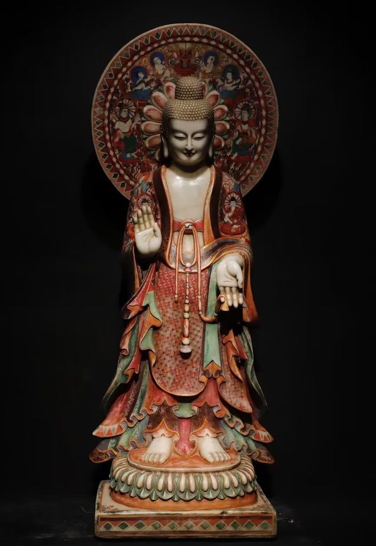 A Exquisite Marble Buddha statue Ornament: A Exquisite Marble Buddha statue Ornament Ancient Time, China Size:63inx24.8inx14.2in汉白玉彩绘大佛满彩绘佛像 远古&#