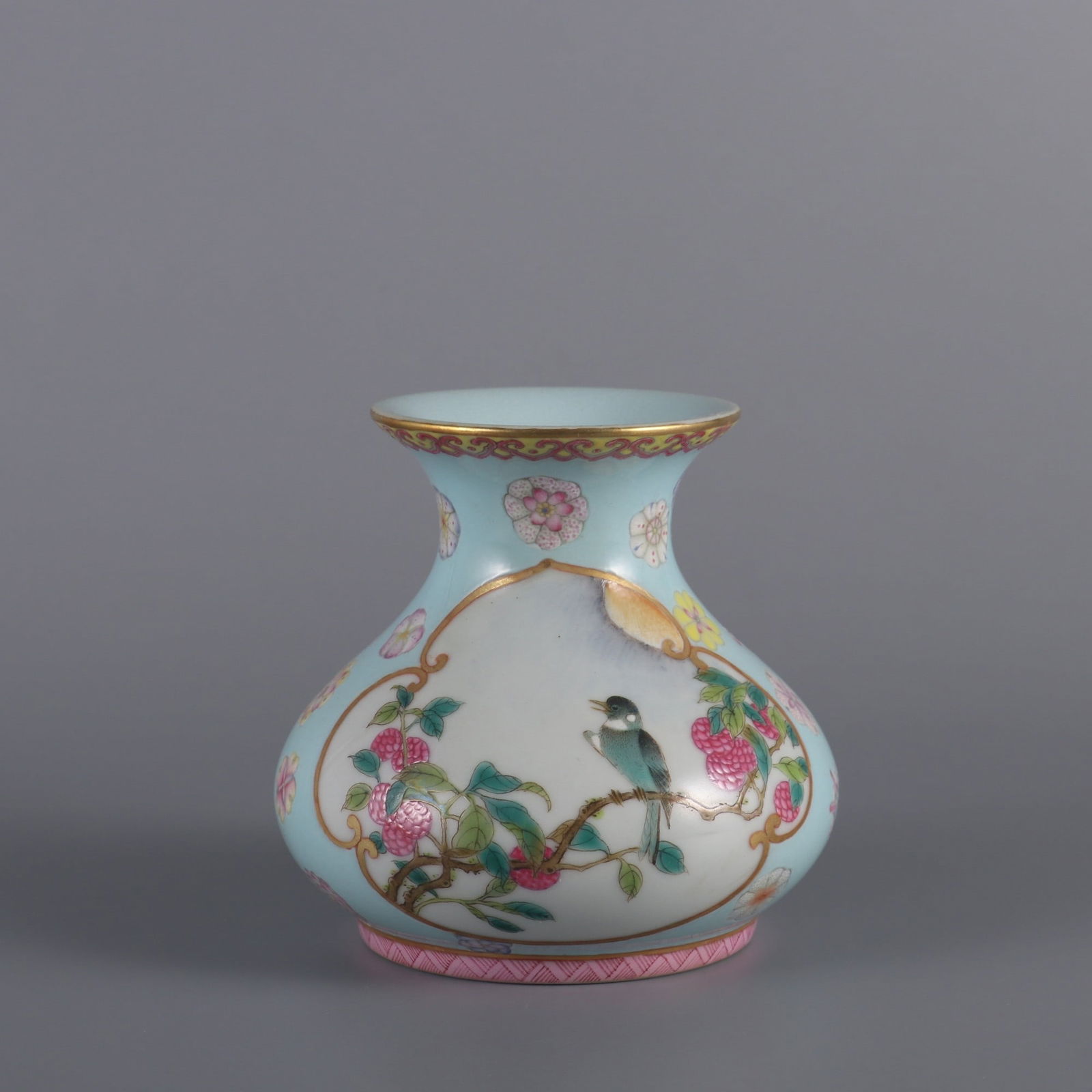 An Exquisite Famille-Rose Green Ground Flower and Bird Pattern Vase: An Exquisite Famille-Rose Green Ground Flower and Bird Pattern Vase Qing Dynasty, China Yongzheng Four-character Mark