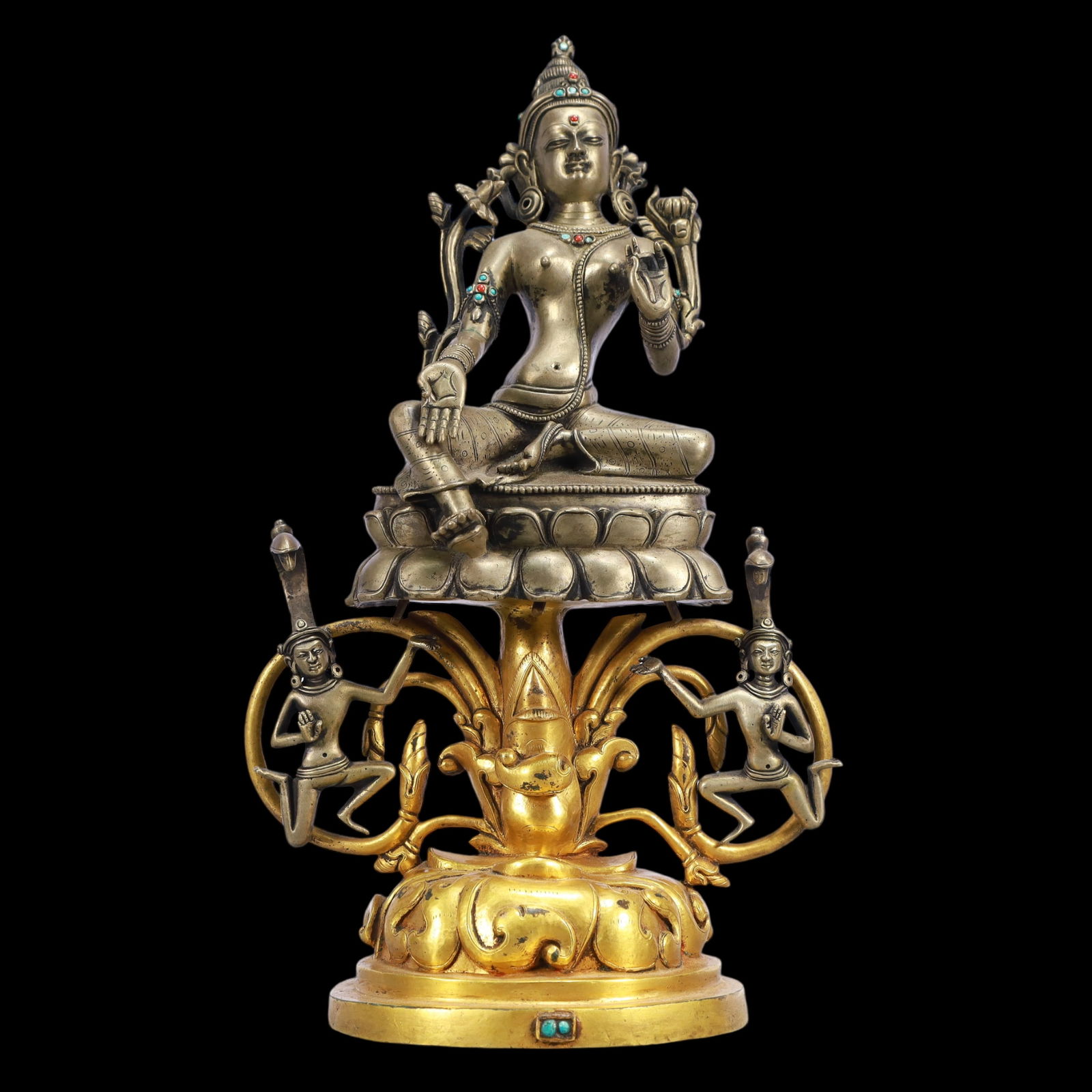 A Exquisite Gilt Silver Inlaid Gems Statue of Tara: A Exquisite Gilt Silver Inlaid Gems Statue of Tara Ming Dynasty, China Size:7.9inx5.1inx13.4in Weight:3300g银鎏金嵌百宝度母佛像