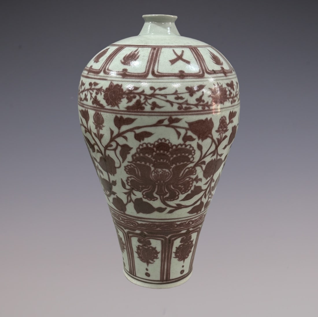 An Exquisite Blue and White Underglaze-Red Lotus Pattern Vase: An Exquisite Blue and White Underglaze-Red Lotus Pattern Vase Yuan Dynasty, China Size:17.3in青花釉里红缠枝梅瓶 中国元代