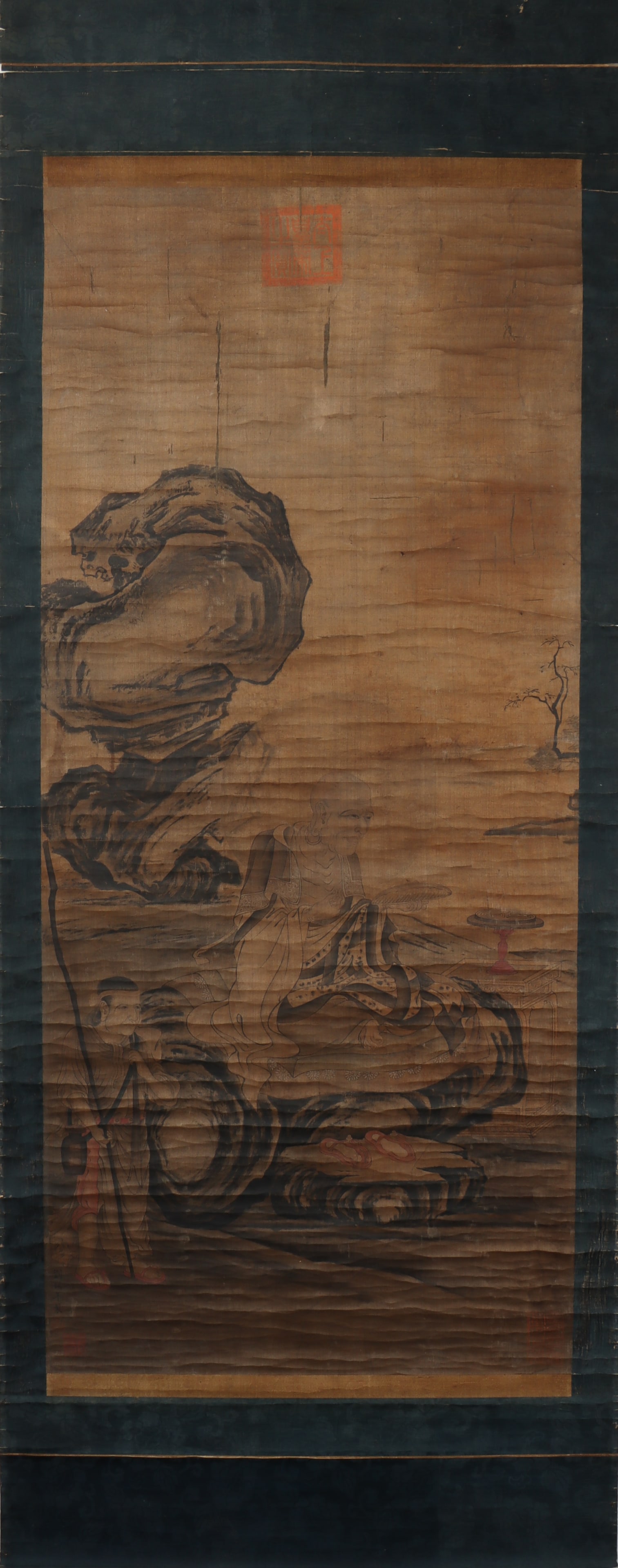 A Chinese Vertical Scroll Ink Painting of Statue of Arhat on Silk (1 of 7)