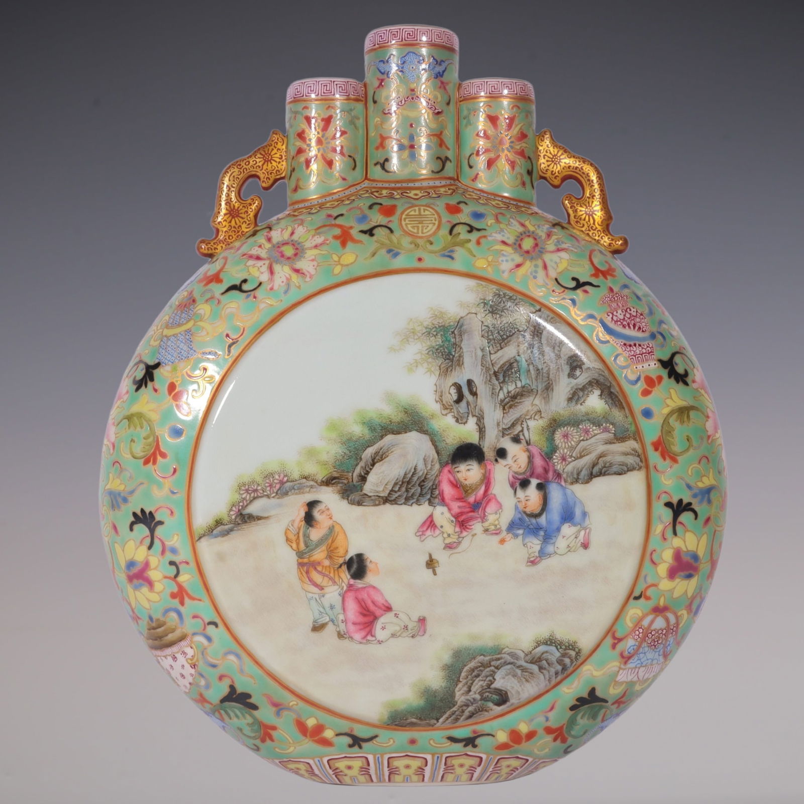 An Exquisite Enamel Green Ground Painted Gold Bats and Peach Pattern Eight Treasures Pattern Lotus: An Exquisite Enamel Green Ground Painted Gold Bats and Peach Pattern Eight Treasures Pattern Lotus Pattern Character and Story Pattern Double-Ears Vase Qing Dynasty, China Qianlong Four-character